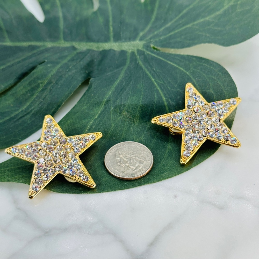 Vintage Huge Rhinestone Star Earrings 80s Clip On Gold Bling Sparkle Cos… - Picture 6 of 10